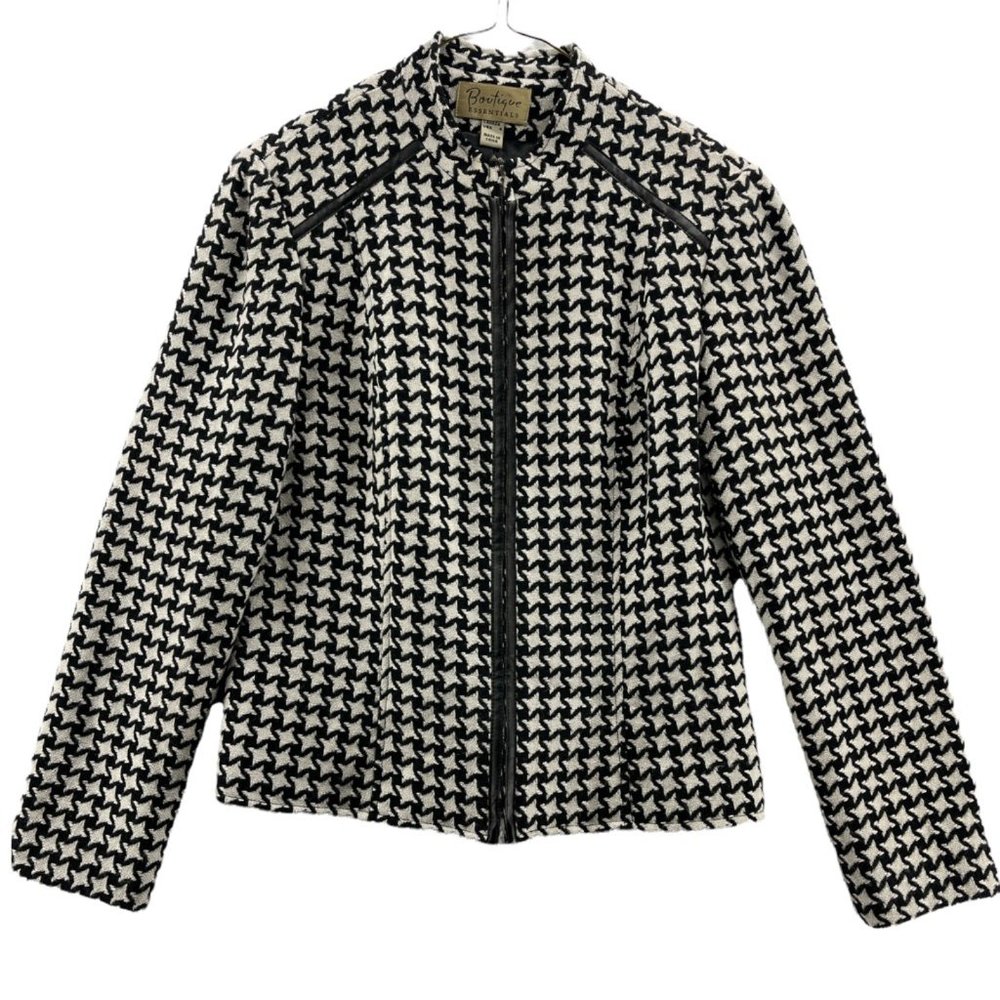 Boutique Essentials Womens Jacket Coat White Black Houndstooth Zip Wool Blend 4 - Picture 1 of 8